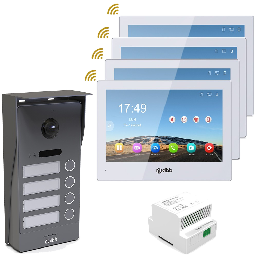 Kit visiophone DBB KVID4G avec platine 4 boutons, 4 moniteurs 8 pouces et alimentation